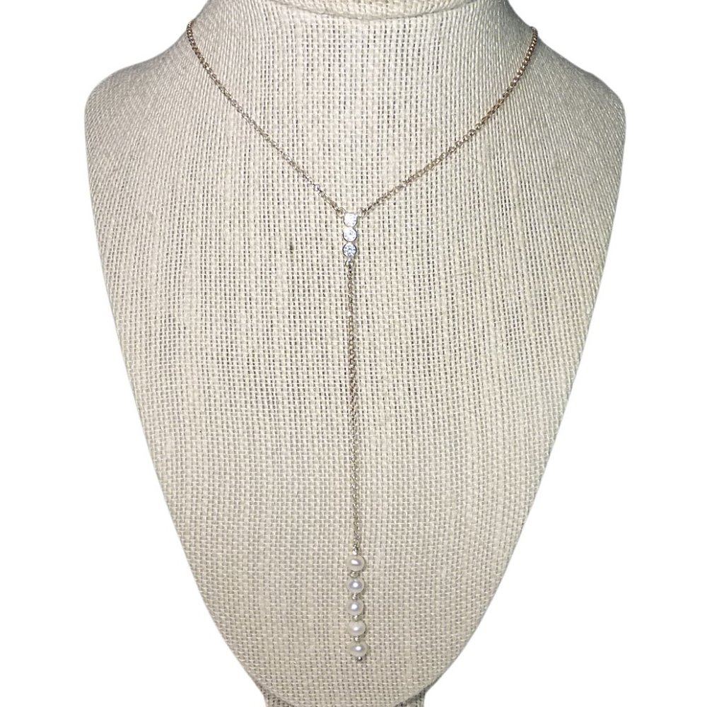 Silpada Sparkle and Shine Y Necklace Sterling Silver Pearl CZ Long Lariat